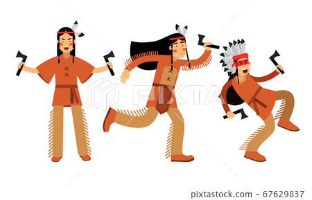 Red Indian Man in Feathered Headdress and National Clothing Hunting with Hand Axe Vector Illustration Set Red Indian Man in Feathered Headdress and National Clothing Hunting with Hand Axe Vector Illustration Set 67629837