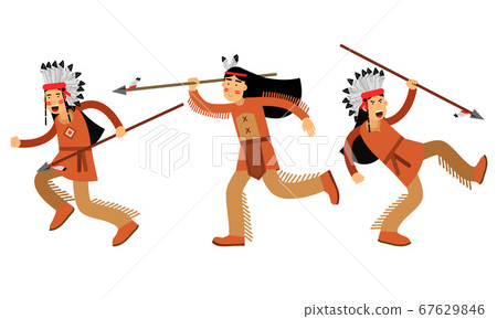 Red Indian Man in Feathered Headdress and National Clothing Hunting with Spear Vector Illustration Set Red Indian Man in Feathered Headdress and National Clothing Hunting with Spear Vector Illustration Set 67629846
