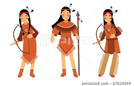 Red Indian or American Indians in National Clothing Standing with Spear and Bow Vector Illustration Set Red Indian or American Indians in National Clothing Standing with Spear and Bow Vector Illustration Set 67629849