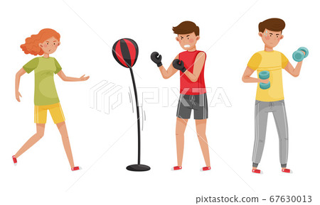 People Characters Reducing Stress by Different Activities like Boxing and Running Vector Illustrations Set 67630013