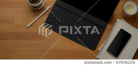 Rustic worktable with digital tablet, smartphone, Rustic worktable with digital tablet, smartphone, 67636229