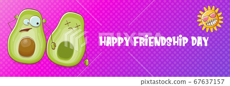 Happy friendship day cartoon comic horizontal banner with two funky avocado friends and cartoon sun isolated on violet background. Friendship day funky greeting card or party flyer. BFF concept 67637157