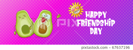 Happy friendship day cartoon comic horizontal banner with two funky avocado friends and cartoon sun isolated on violet background. Friendship day funky greeting card or party flyer. BFF concept 67637196