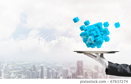 Hand of waiter presenting cubes on tray. Hand of waiter presenting cubes on tray. 67637274