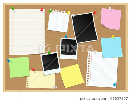 Notes, sticky notes and polaroid photos on the cork board 67637297