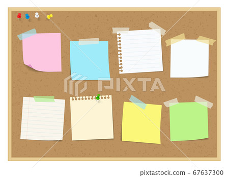 Notes, sticky notes, and notes attached to the cork board 67637300