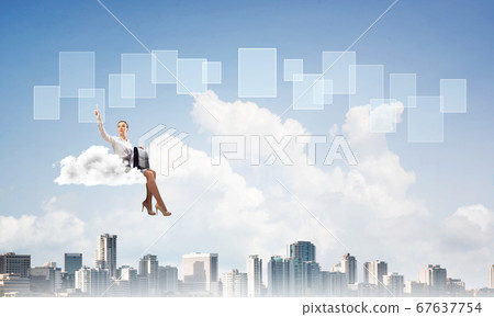 Elegant lady boss or accountant float on cloud and pointing with finger Elegant lady boss or accountant float on cloud and pointing with finger 67637754