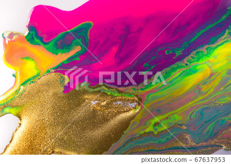 Fluorescent colorful liquid inks background with gold glitter particles. Marble imitation. Fluorescent colorful liquid inks background with gold glitter particles. Marble imitation. 67637953