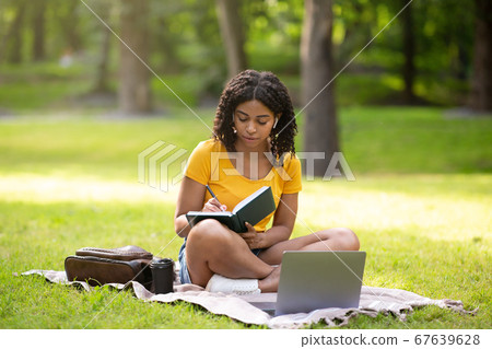 Clever black girl concentrated on her online studies with laptop at summer park 67639628