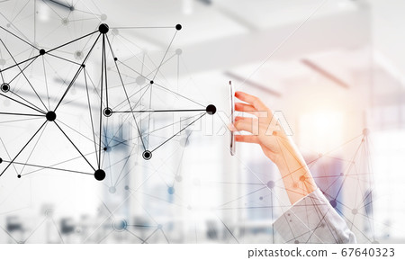 Business and technology concept with networking grid and man using device 67640323