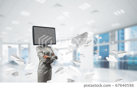 Business woman with TV instead of head. 67640598