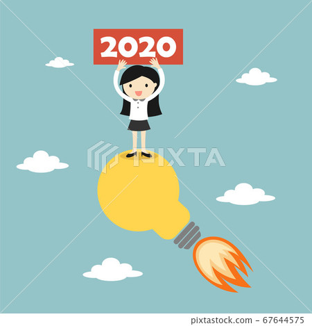 Business woman standing on the light bulb with 67644575