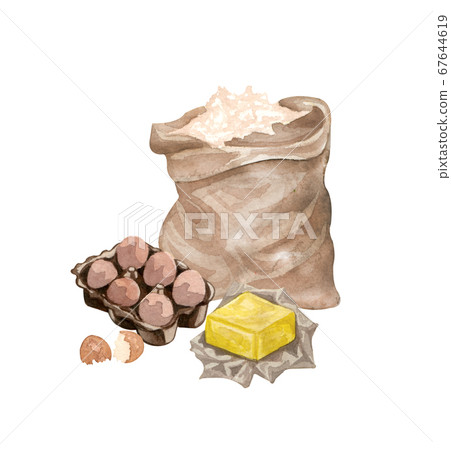 Baking watercolor illustration with kitchen utensils, butter, flour bag, eggs on white background. Top view. Hand drawn Cooking clip art. Baking concept. Baking watercolor illustration with kitchen utensils, butter, flour bag, eggs on white background. Top view. Hand drawn Cooking clip art. Baking concept. 67644619