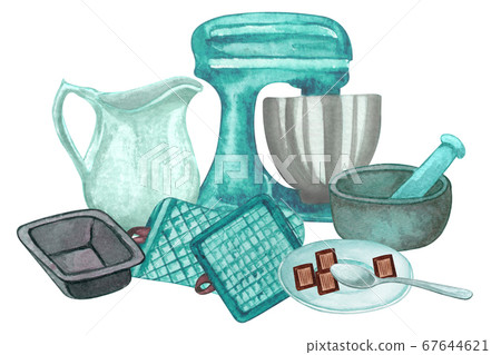 Baking watercolor set with kitchen utensils, mixer, chocolate, potholders, spoon, clay jag, whisk on white background. Cooking clip art. Baking illustration. Baking watercolor set with kitchen utensils, mixer, chocolate, potholders, spoon, clay jag, whisk on white background. Cooking clip art. Baking illustration. 67644621