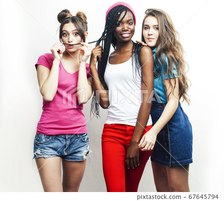 diverse multi nation girls group, teenage friends company cheerful having fun, happy smiling, cute posing isolated on white background, lifestyle people concept, african-american and caucasian diverse multi nation girls group, teenage friends company cheerful having fun, happy smiling, cute posing isolated on white background, lifestyle people concept, african-american and caucasian 67645794