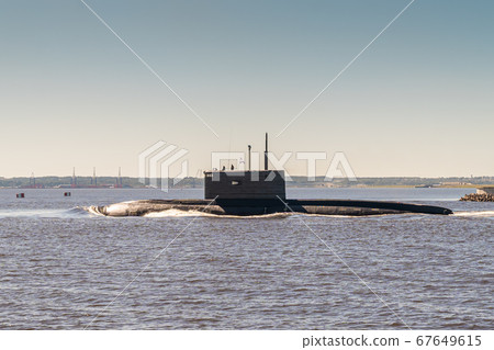 The diesel submarine project 877 Black hole passes near Kronstadt during the rehearsal of the naval parade. July 17, 2020. The diesel submarine project 877 Black hole passes near Kronstadt during the rehearsal of the naval parade. July 17, 2020. 67649615