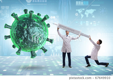 Coronavirus covid-19 vaccine concept with doctors and syringe Coronavirus covid-19 vaccine concept with doctors and syringe 67649910