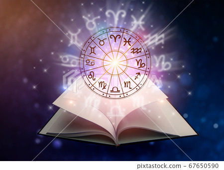 Zodiac signs inside of horoscope circle. Astrology in the sky with many stars and moons  astrology and horoscopes concept 67650590