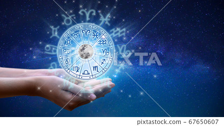 Zodiac signs inside of horoscope circle. Astrology in the sky with many stars and moons astrology and horoscopes concept Zodiac signs inside of horoscope circle. Astrology in the sky with many stars and moons astrology and horoscopes concept 67650607