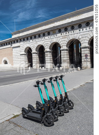 Rental Electric Scooters, e-scooter, Parked In Group In Front Of Historic Building In Vienna Austria 67651056