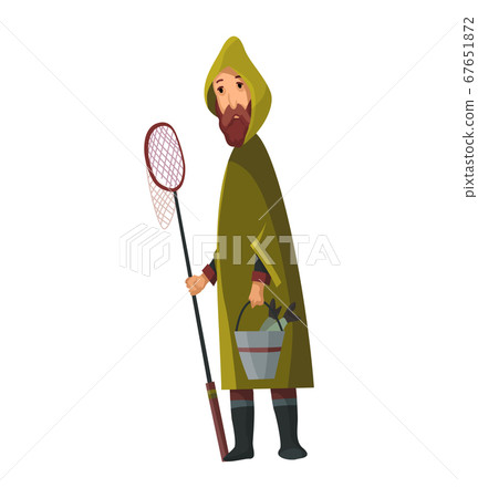 Bearded man with fish net and a bucket in his hands. Caught fish in a bucket. Fisher in raincoat. Successful fishing Bearded man with fish net and a bucket in his hands. Caught fish in a bucket. Fisher in raincoat. Successful fishing 67651872