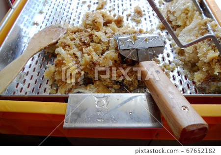 wax honeycomb from a bee hive filled with golden 67652182
