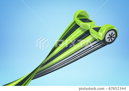 3d rendering of green hoverboard with trail on blue background 67652344
