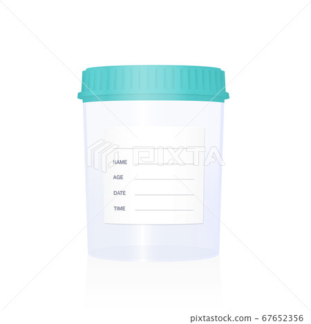 Specimen cup, empty with blank sticker to be labeled, medical laboratory item for examinations, checkups, clinical analysis and diagnosis. Isolated vector illustration on white background. 67652356