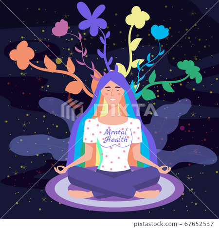 Mental health yoga meditation woman sit in the lotus position meditate. Mental calmness and self consciousness concept. Vector illustration isolated Mental health yoga meditation woman sit in the lotus position meditate. Mental calmness and self consciousness concept. Vector illustration isolated 67652537