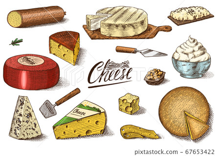 Cheese set. Slices of Mascarpone Bleu de Gex Edam Camembert Mozzarella for market or grocery store Cheese set. Slices of Mascarpone Bleu de Gex Edam Camembert Mozzarella for market or grocery store 67653422