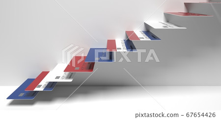 Flag of the Netherlands on bank cards as stairs of a staircase. Consumer loans related 3D rendering Flag of the Netherlands on bank cards as stairs of a staircase. Consumer loans related 3D rendering 67654426