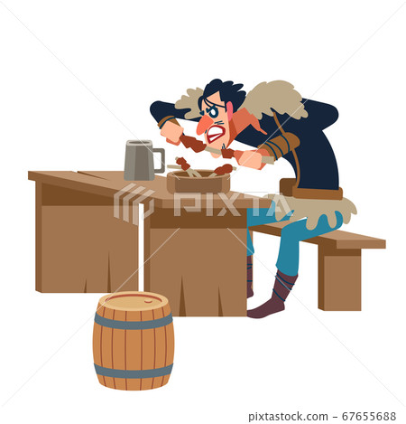 Viking. Warrior. Thin viking eats meat. Flat vector illustration. 67655688