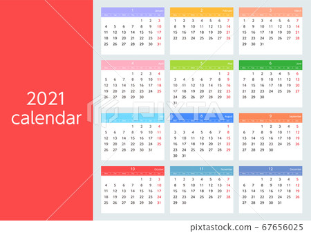 Colorful calendar starting on Monday of 2021 67656025