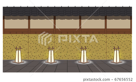 A Japanese style wall with Inuyarai and a front perspective of a hanging lamp. 67656552