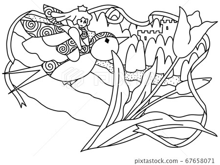 Oyayubi公主飛上燕子單色線條畫 67658071