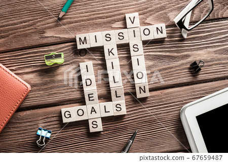 Conceptual business keywords on table with elements of game making crossword Conceptual business keywords on table with elements of game making crossword 67659487