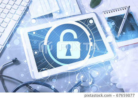 Top view of doctor workplace with tablet pc and medicine tools o 67659877