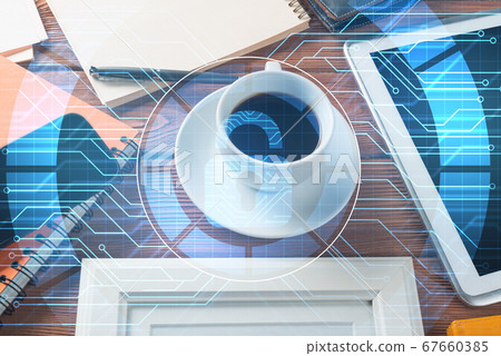 Business workplace with tablet pc and security concept on screen Business workplace with tablet pc and security concept on screen 67660385