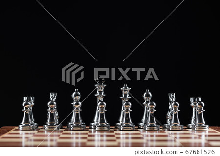 Silvery chess figures standing on chessboard 67661526