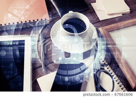 Business workplace with tablet pc and security concept on screen Business workplace with tablet pc and security concept on screen 67661606