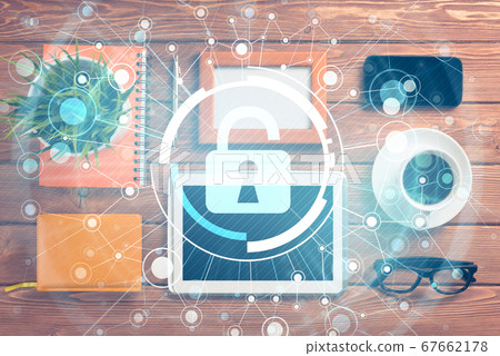 Business workplace with tablet pc and security concept on screen 67662178