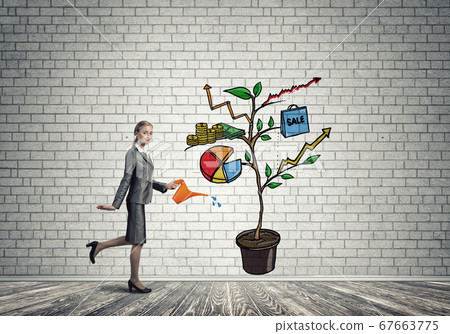 Young businesswoman in empty room watering drawn growth concept with can Young businesswoman in empty room watering drawn growth concept with can 67663775