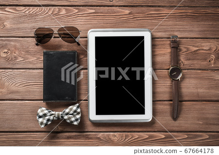 Hipster set on wooden table 67664178