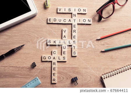 Conceptual keywords on wooden table with elements of game making crossword Conceptual keywords on wooden table with elements of game making crossword 67664411