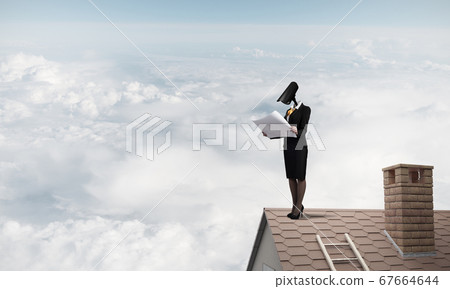Concept of security and privacy protection with camera headed woman 67664644