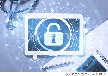 Top view of doctor workplace with tablet pc and medicine tools o Top view of doctor workplace with tablet pc and medicine tools o 67664964