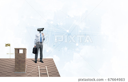 Concept of security and privacy protection with camera headed man 67664983