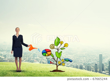 Young businesswoman outdoors watering drawn growth concept with can Young businesswoman outdoors watering drawn growth concept with can 67665244