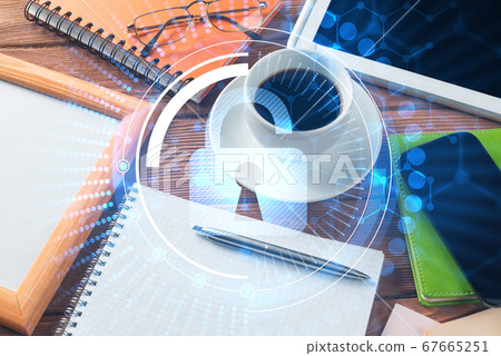 Business workplace with tablet pc and security concept Business workplace with tablet pc and security concept 67665251