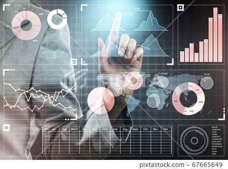 Hand of businesswoman pressing with finger icon on media screen Hand of businesswoman pressing with finger icon on media screen 67665649